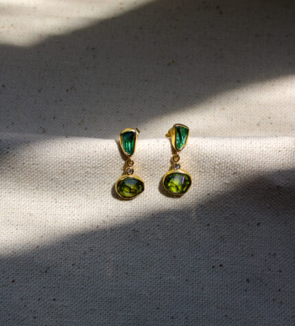 Solid Gold Earring with Green Tourmaline, Peridot and Diamonds