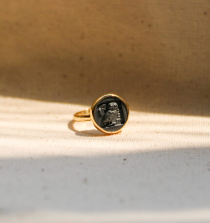 Heritage Selection- Hand carved Hematite Coin Ring with Solid Gold