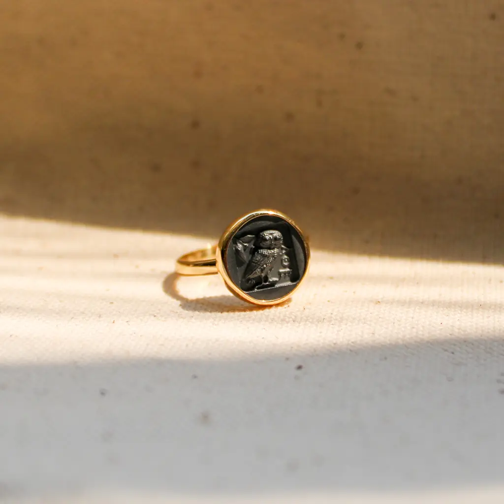 Heritage Selection- Hand carved Hematite Coin Ring with Solid Gold